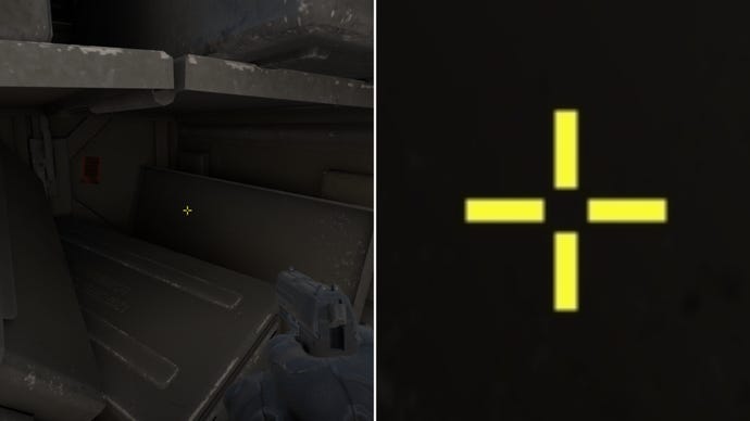 Left: a player stares at a grey background in Counter-Strike 2. Right: a close-up of the player's crosshair.