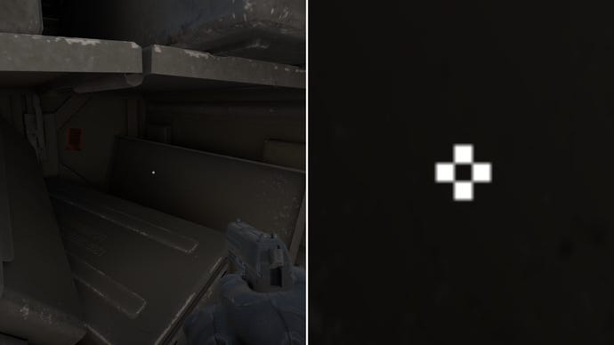 Left: a player stares at a grey background in Counter-Strike 2. Right: a close-up of the player's crosshair.