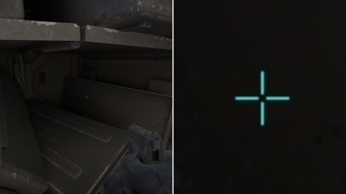 Left: a player stares at a grey background in Counter-Strike 2. Right: a close-up of the player's crosshair.