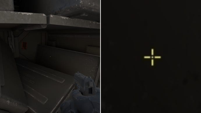 Left: a player stares at a grey background in Counter-Strike 2. Right: a close-up of the player's crosshair.