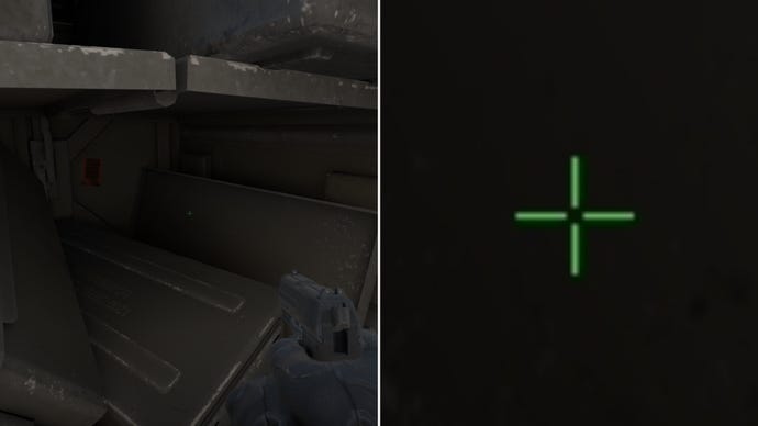 Left: a player stares at a grey background in Counter-Strike 2. Right: a close-up of the player's crosshair.