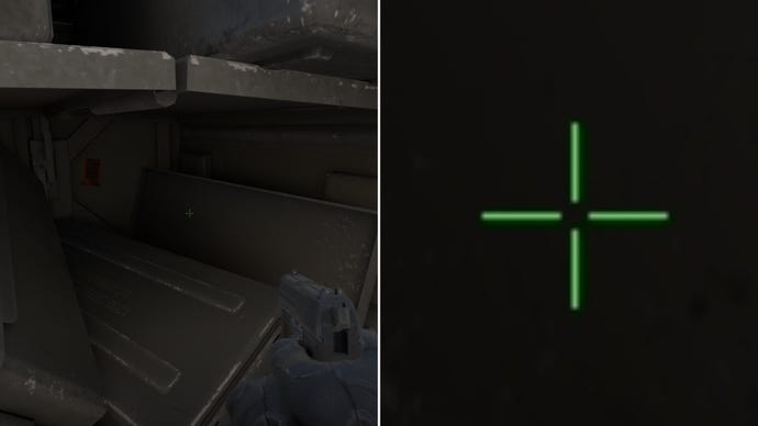 Left: a player stares at a grey background in Counter-Strike 2. Right: a close-up of the player's crosshair.