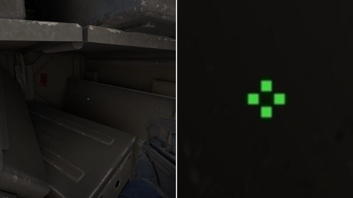 Слева: игрок смотрит на серый фон в Counter-Strike 2. Справа: крупный план перекрестия игрока.