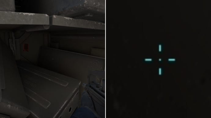 Left: a player stares at a grey background in Counter-Strike 2. Right: a close-up of the player's crosshair.