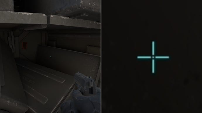 Left: a player stares at a grey background in Counter-Strike 2. Right: a close-up of the player's crosshair.