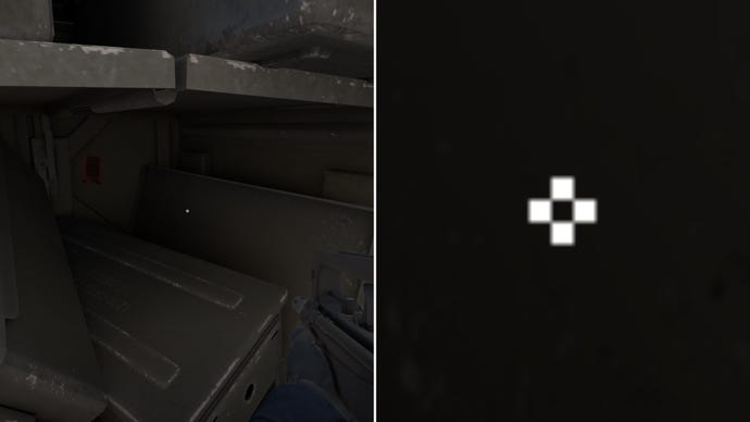 Left: a player stares at a grey background in Counter-Strike 2. Right: a close-up of the player's crosshair.