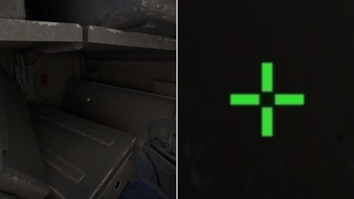 Left: a player stares at a grey background in Counter-Strike 2. Right: a close-up of the player's crosshair.