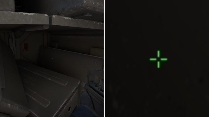 Left: a player stares at a grey background in Counter-Strike 2. Right: a close-up of the player's crosshair.