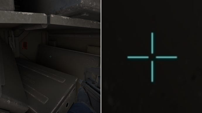 Left: a player stares at a grey background in Counter-Strike 2. Right: a close-up of the player's crosshair.