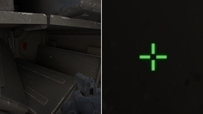 Left: a player stares at a grey background in Counter-Strike 2. Right: a close-up of the player's crosshair.
