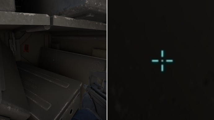 Left: a player stares at a grey background in Counter-Strike 2. Right: a close-up of the player's crosshair.