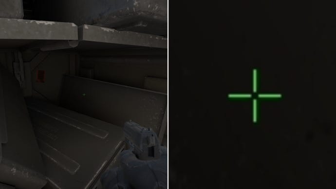 Left: a player stares at a grey background in Counter-Strike 2. Right: a close-up of the player's crosshair.