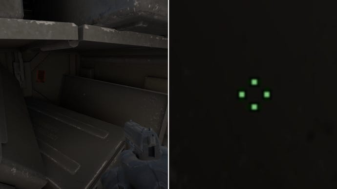 Left: a player stares at a grey background in Counter-Strike 2. Right: a close-up of the player's crosshair.