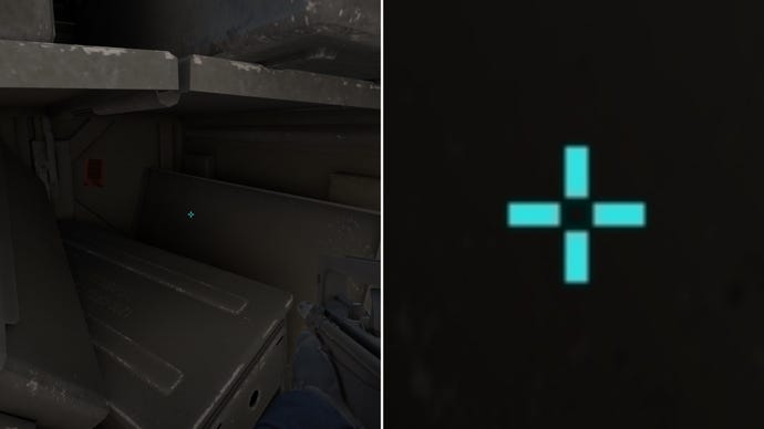Left: a player stares at a grey background in Counter-Strike 2. Right: a close-up of the player's crosshair.