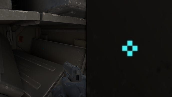 Left: a player stares at a grey background in Counter-Strike 2. Right: a close-up of the player's crosshair.