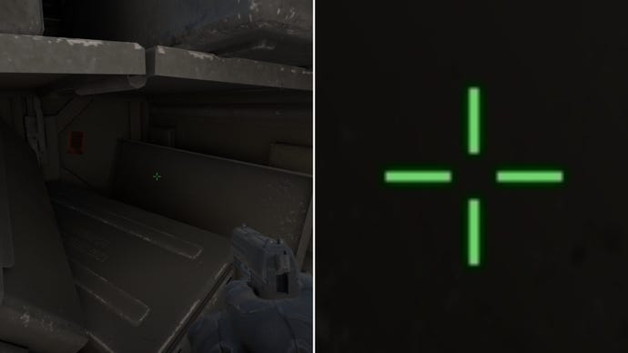 Left: a player stares at a grey background in Counter-Strike 2. Right: a close-up of the player's crosshair.