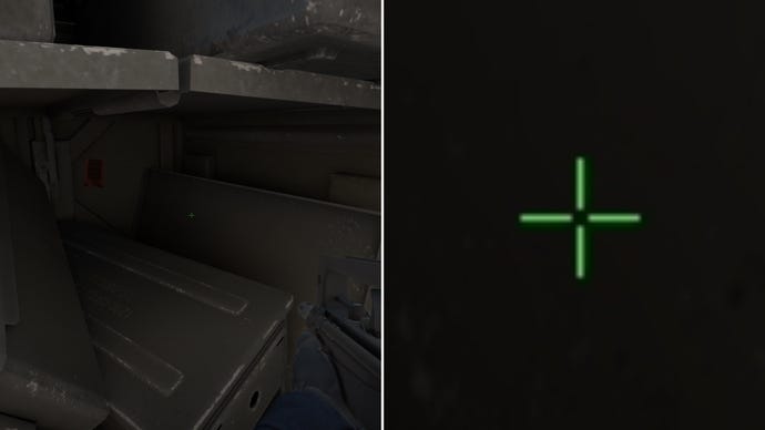 Left: a player stares at a grey background in Counter-Strike 2. Right: a close-up of the player's crosshair.