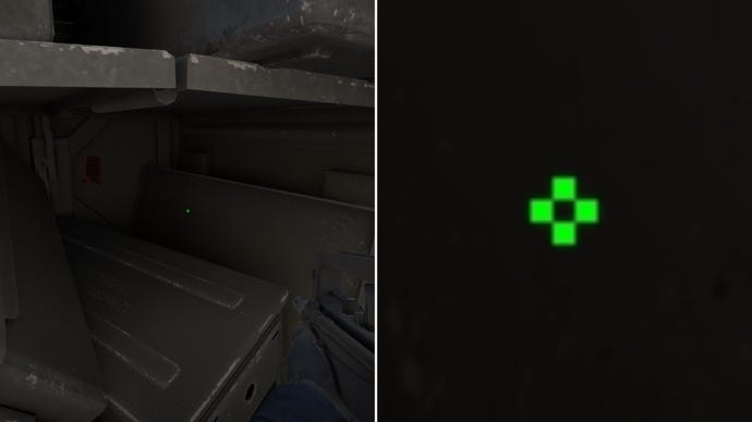 Left: a player stares at a grey background in Counter-Strike 2. Right: a close-up of the player's crosshair.