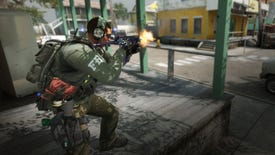 A counter-terrorist fires an SMG off-screen in Counter-Strike: Global Offensive.