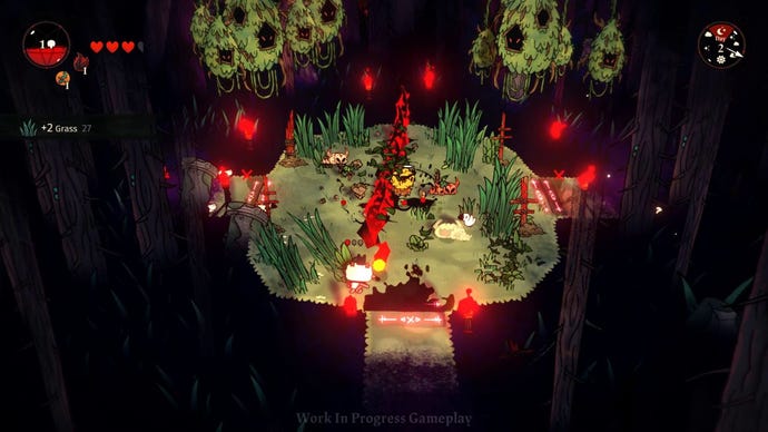 A regular dungeon fight in Cult Of The Lamb, where the player is using a long range tentacle attack
