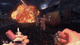 Two cultists run away from an explosion caused by the player's dynamite.