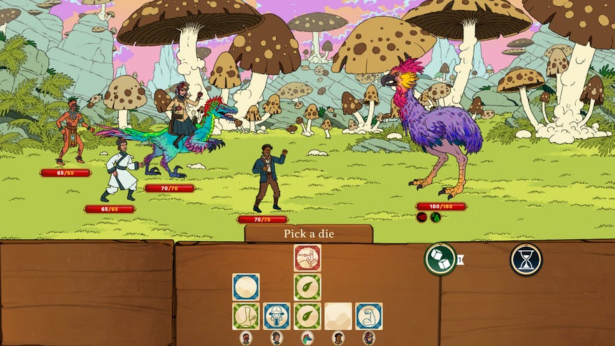 The expedition group in Curious Expedition face off against a large purple bird that looks like an ostrich would if it got in pub fights a lot
