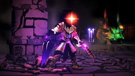 Curse Of The Dead Gods' main character sporting Dead Cells' Prisoner's flaming head.