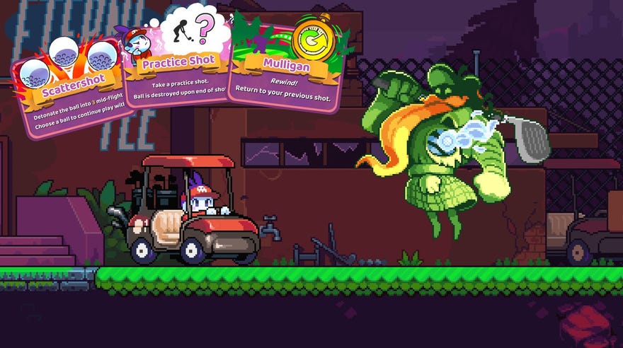 Cursed To Golf - The player in a pixelated world sits inside a golf cart in front of a giant green golfing ghost with a large club. They have cards called "Scattershot, Practice Shot, and Mulligan" to choose from.