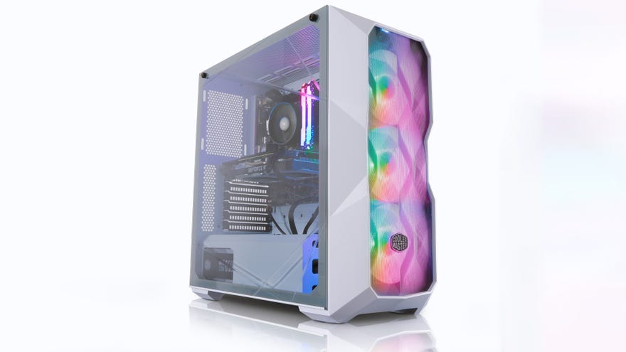 a photo of a gleaming white desktop gaming PC with rare components including RTX 3060 and Ryzen 5600X