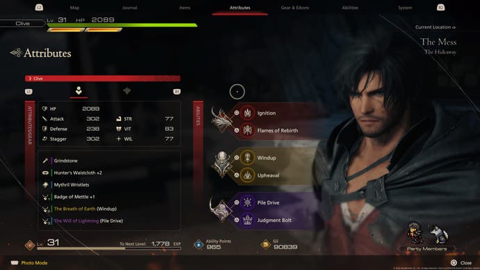 An image of the character stats and ability loadout screens from Final Fantasy 16.