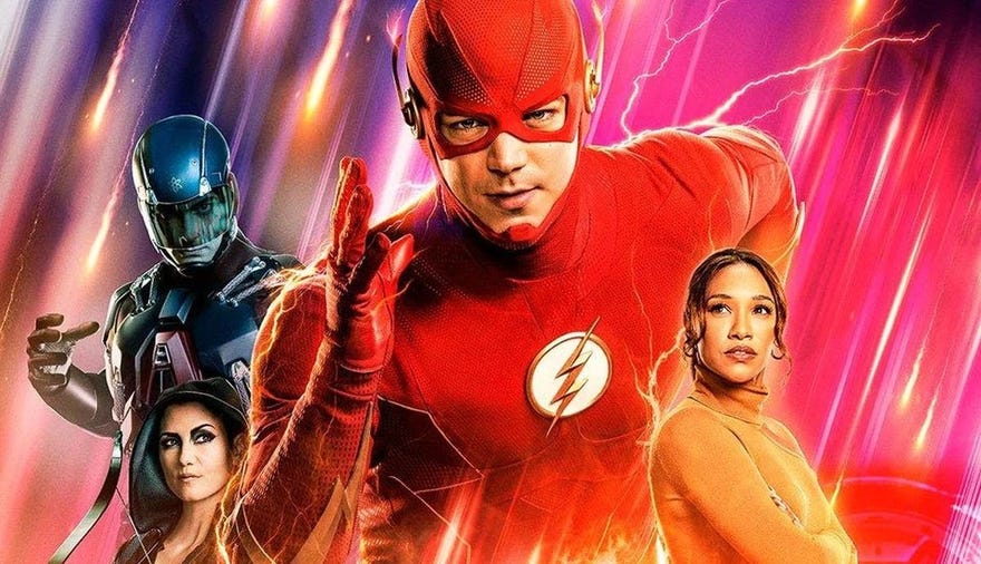 Poster for Flash Armageddon, featuring the Flash, the Atom, and Iris West