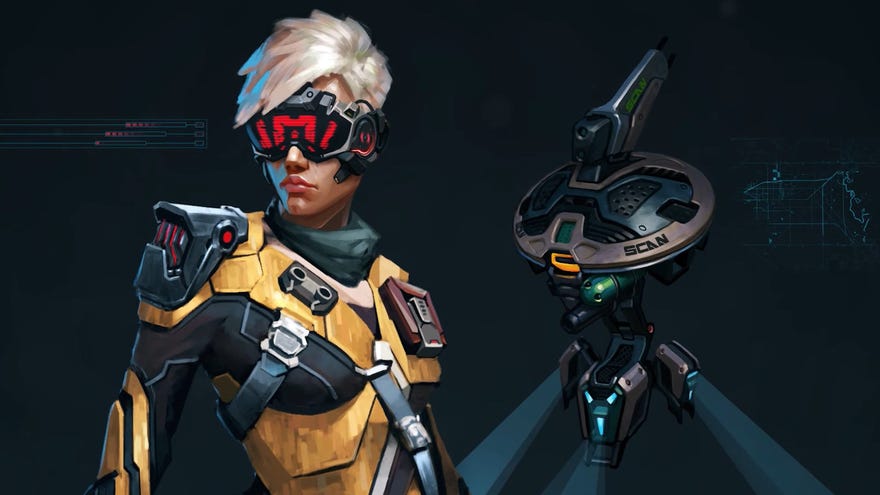 A white-haired cyberpunk warrior and their scan drone from Cyber Knights Flashpoint