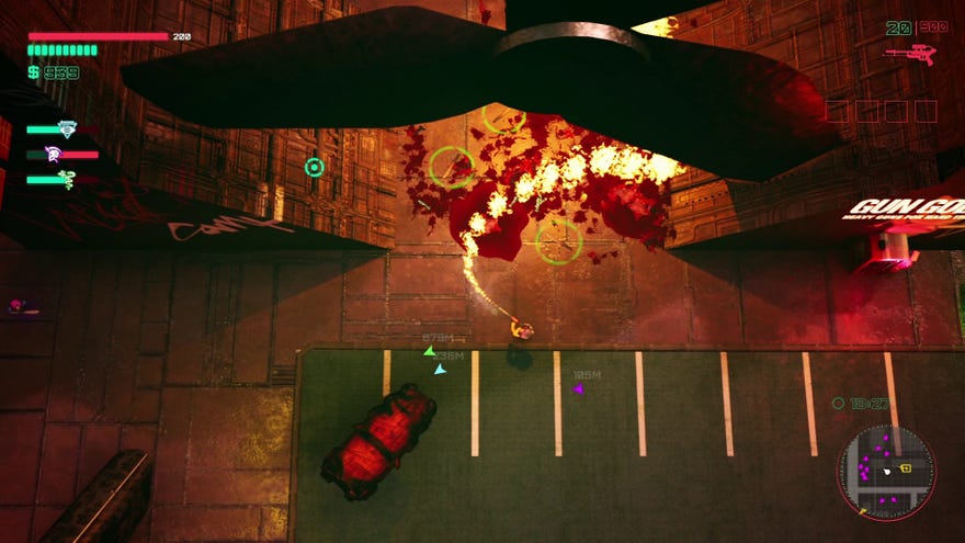 A top down view of a man wielding a flamethrower in a car park in Glitchpunk