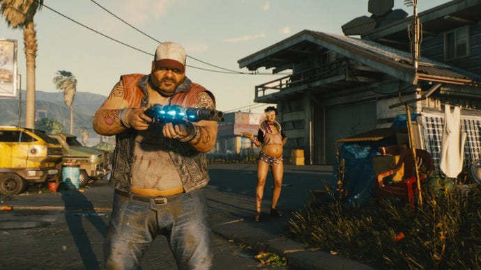 A Cyberpunk 2077 NPC aims his shotgun off-camera, while behind them a pregnant woman smokes a cigarette.