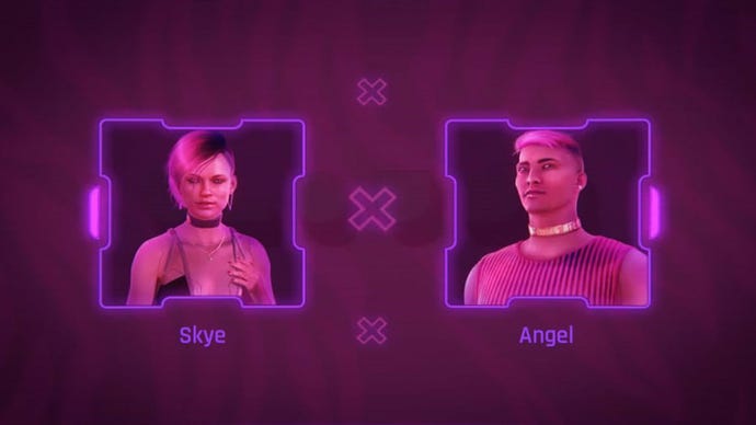 A screen in Cyberpunk 2077 asking you to select between Skye (left) or Angel (right).