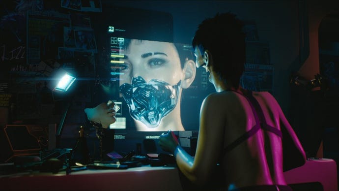 A Cyborg woman with a half-metal face applies make-up in Cyberpunk 2077.