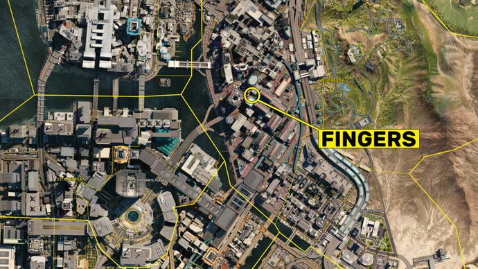 A screenshot of the Cyberpunk 2077 map, with the location of the Ripperdoc "Fingers" marked.