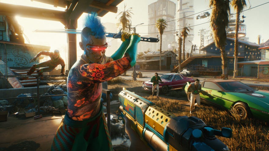 A bright day on the streets in Cyberpunk 2077. A gang member strikes at the player with a katana while the player readies their shotgun against the assailant.