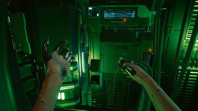 A Cyberpunk 2077 screenshot showing V jacking into a server with the USB cable in her arm.