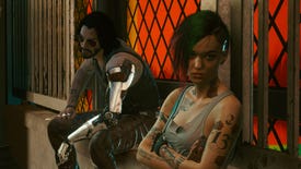 Johnny and Judy against a wall in a Cyberpunk 2077 screenshot.