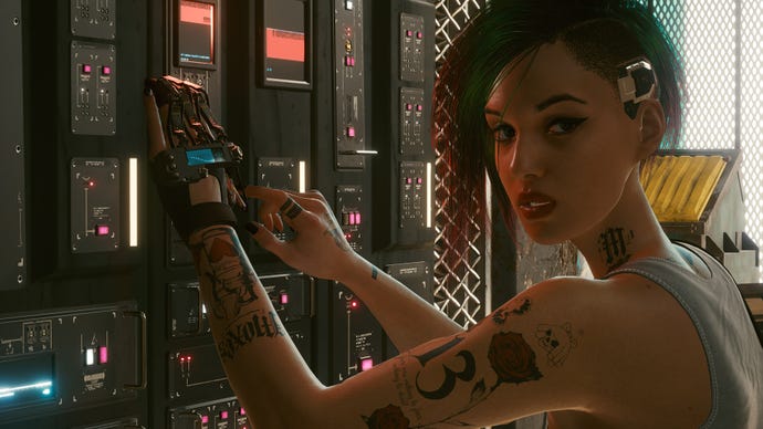 Judy hacks a server in a Cyberpunk 2077 screenshot.