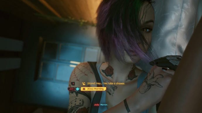 Judy from Cyberpunk 2077, as seen from V's perspective as they lie in bed together.