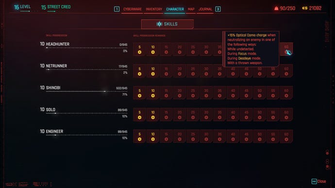 An image showing the revamped skill progression system introduced with Cyberpunk 2077's 2.0 update.