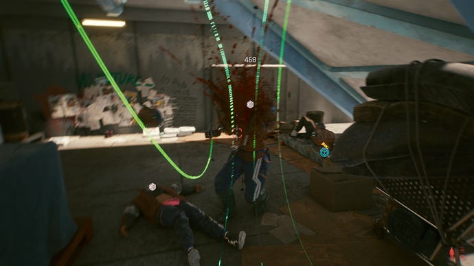 The player in Cyberpunk 2077 decapitates an enemy gang member using the Monowire unique weapon.