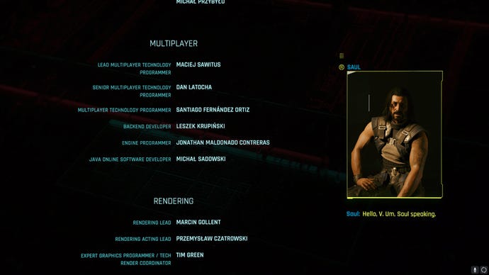 A screenshot from the Cyberpunk 2077 end credits, showcasing a section of the credits devoted to multiplayer.
