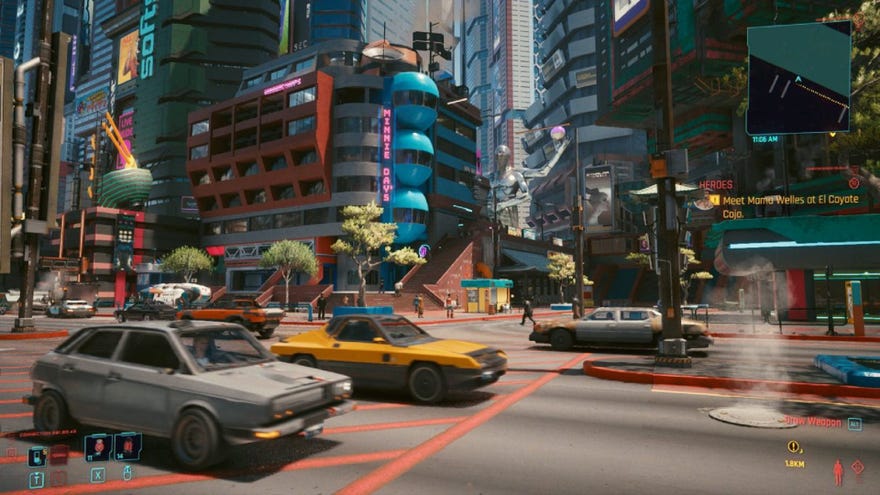 Cyberpunk 2077's Night City as seen from the streets during daytime.