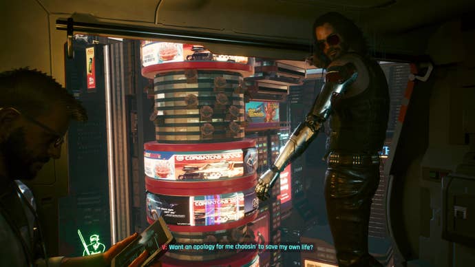 Johnny pitches one last cigarette out of the open door of the helicopter as V flies out of Night City to get the Relic surgically removed.