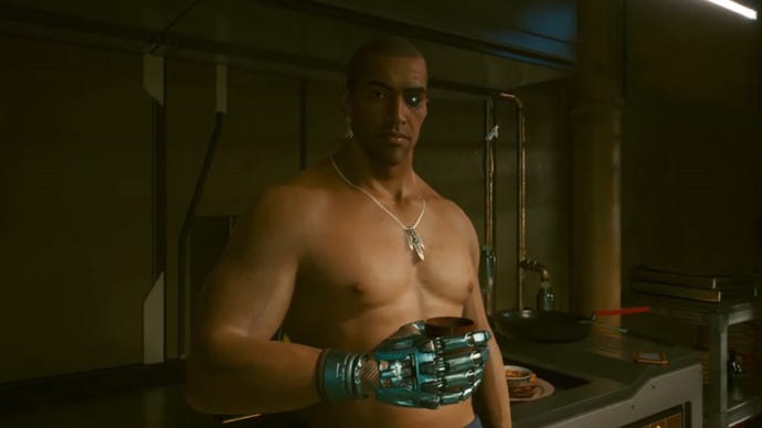 نهر من Cyberpunk 2077 ، يميل عرضا ضد عداد المطبخ جميع قميص و cyborg-y