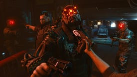 The player holds a gun under the chin of Royce, a Maelstrom gang NPC, who holds a gun right back at the player. Jackie and other gang members are in the background holding guns at each other.