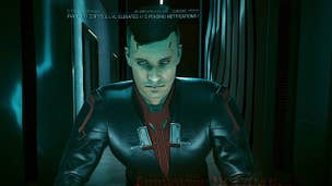 Cyberpunk 2077 skill progression: A white man with short black hair, wearing a black suit and red tie, is looking at himself in the mirror with an unwell expression on his face